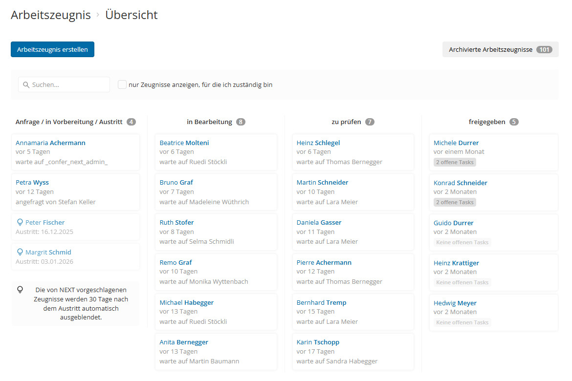 Übersicht der Arbeitszeugnisse im NEXT Zeugnistool
