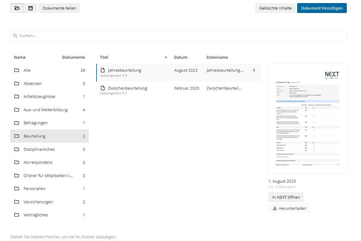 Software elektronisches Personaldossier - Ordnerstruktur und Dokumentvorschau