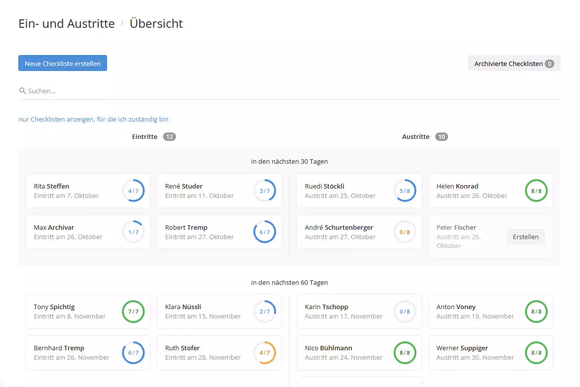 Übersicht über die Ein- und Austritte im Tool für Onboarding / Offboarding