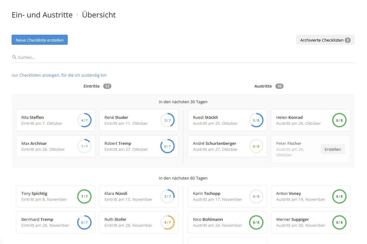 Übersicht über die Ein- und Austritte im Tool für Onboarding / Offboarding